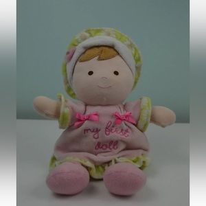 Carter's My First Doll Baby Plush Stuffed Toy Pink Green Hat Bow Flower Rattle